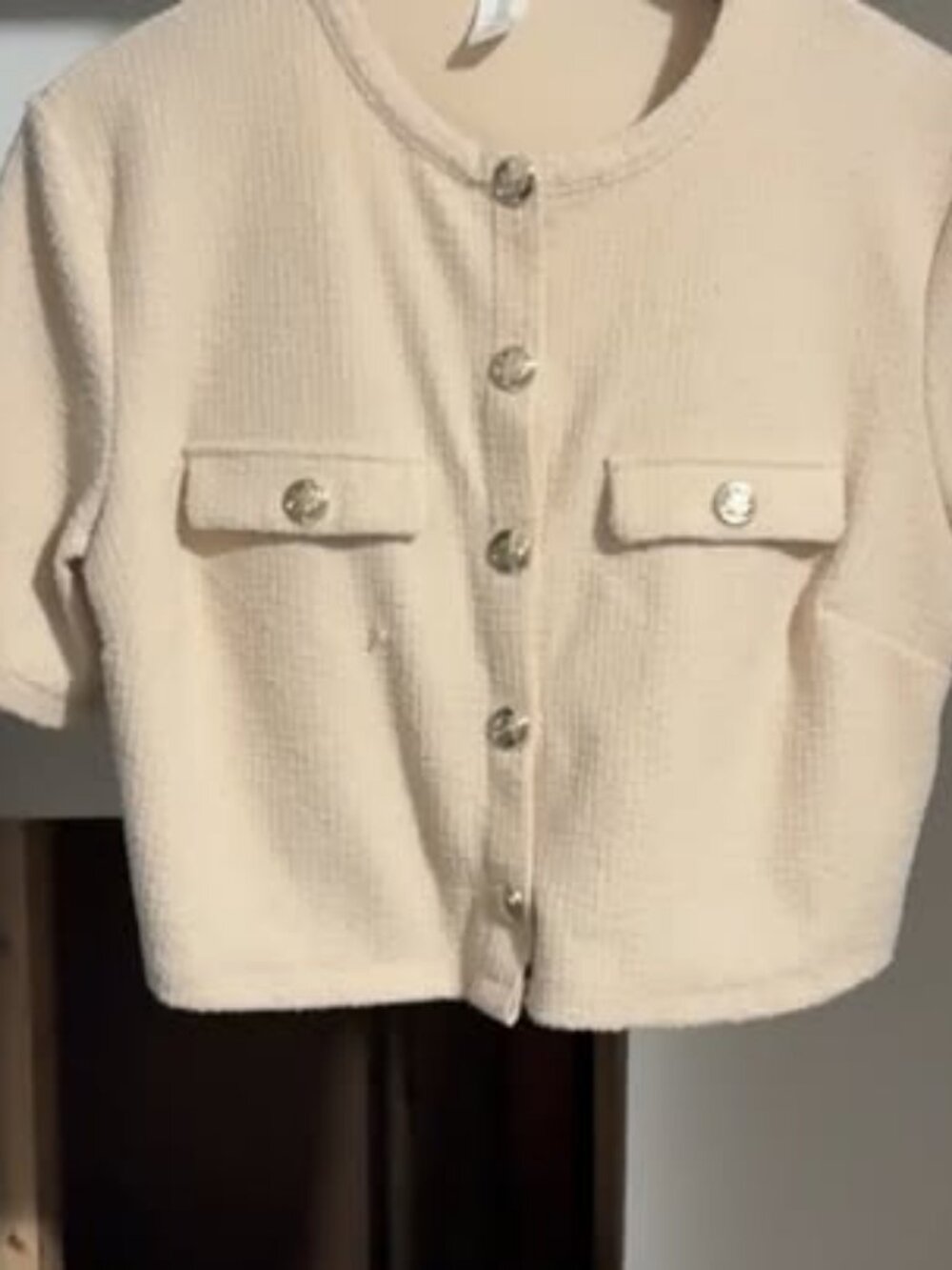 H&M Beige Tweed Cropped Short Sleeve Top